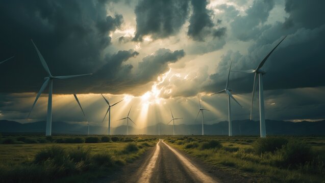 Sustainable electricity generating wind farm facilitating the production of clean energy. Sustainable and renewable for the environment. Climate change pollution beneficial.