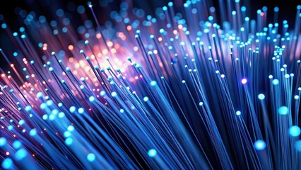 Dense network of fiber optic cables with numerous light spots illuminating the dark background, creating a futuristic ambiance , neon glow, networking