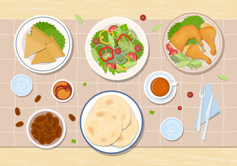 Iftar meal, foods and drinks on wooden table and brown tablecloths. Vector illustration Ramadan iftar meal with bread, dates, fried chicken, salad and drinks. Top view of iftar foods and drinks.
