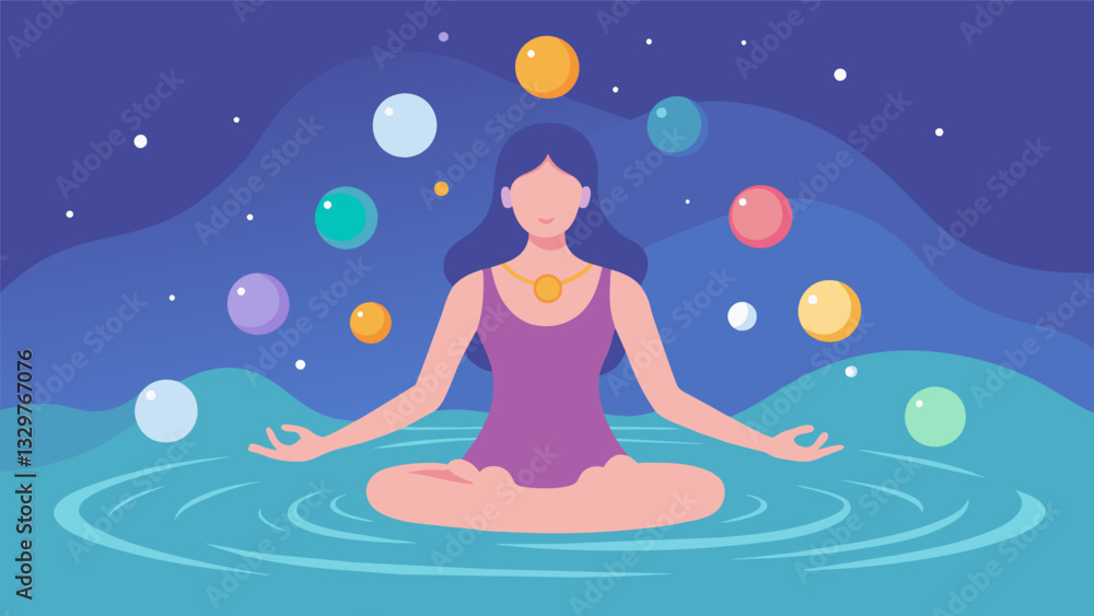 Poster a woman floats in a saler pool surrounded by soft colored lights that correspond to each of her chak