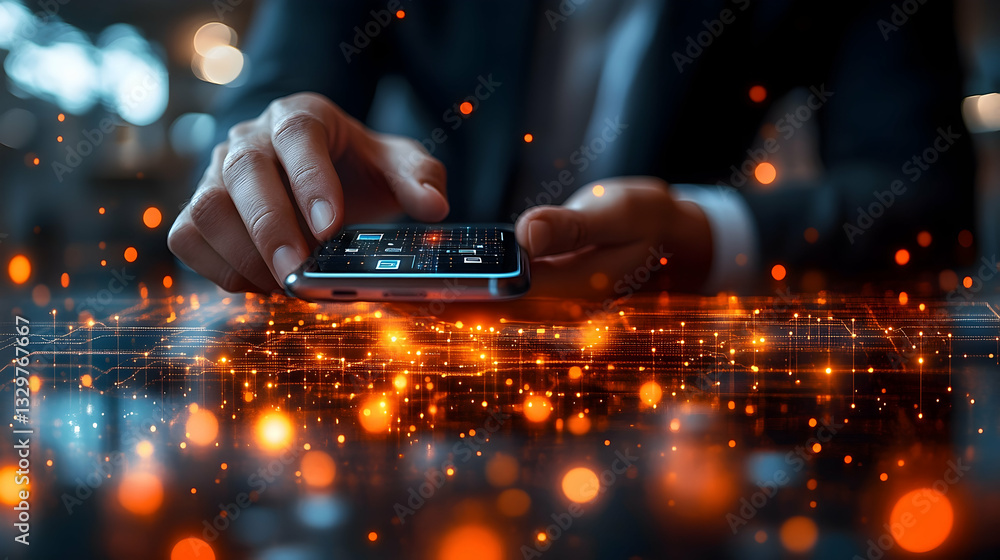 Poster person using smartphone, glowing circuit board effect. digital interface interaction
