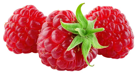 Raspberry isolated png. Raspberry with leaf on transparent background. PNG format. Three...