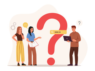 Vector illustration of finding answers to questions. Cartoon scene of group of girls and guy with laptop, book, red question mark, standing in thought, solving questions isolated on white background.