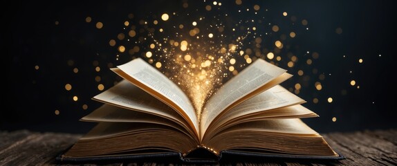 The wonder of reading, storytelling, and education or faith, dark background space above for a text message or caption.