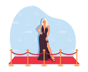 Vector illustration of a beautiful celebrity standing on the red carpet. Cartoon scene of smiling blonde girl in dark dress with slit on leg,high heels, jewelry, posing on red carpet, rope barrier.