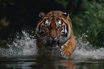 Powerful Siberian Tiger Charging Through Water, Face-to-Face Encounter / Close-Up of a Fierce Siberian Tiger / Fearless Siberian Tiger Sprinting in Water, Intense Eye Contact / Fearless Tiger.
