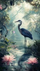 Fototapeta premium A tall heron standing still in a calm body of water