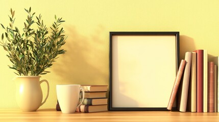 Obraz premium Blank frame mockup, sunlit room, books, plants