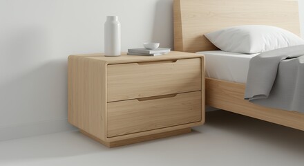 Modern Wooden Nightstand with Drawers and Bed in Minimalist Bedroom