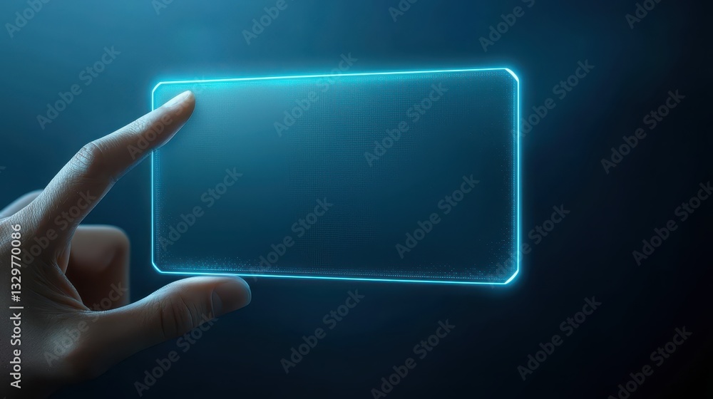 Poster hand activates glowing square button, futuristic digital interface interaction for seamless user exp
