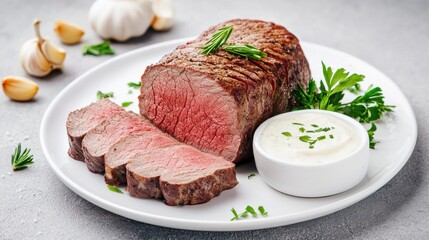 Classic top round roast beef sliced and plated with garnish