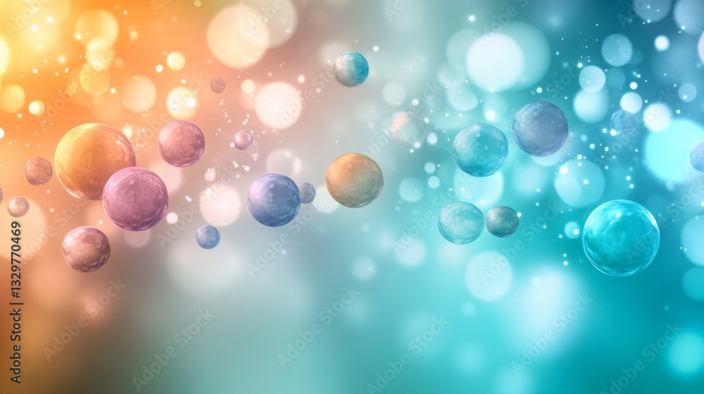 Poster abstract colorful spheres floating in glowing bokeh background