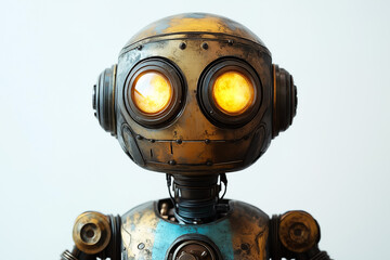 Close Up Portrait Of A Metallic Humanoid Robot With Glowing Eyes 