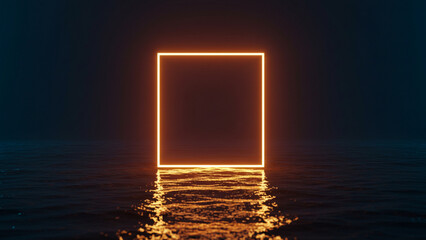Glowing neon lines with water surface background, 3d rendering