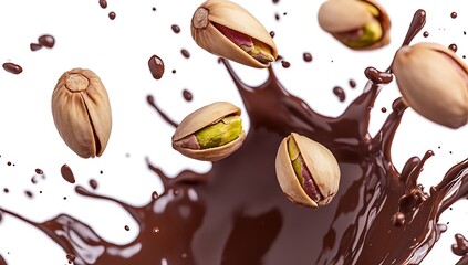 Fototapeta premium Dried crushed pistachios in chocolate splashes isolated on white background. ai generated