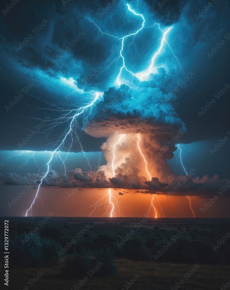 Poster thunderstorms with flashing lightning illuminated the nocturnal sky. weather-related disaster theme.