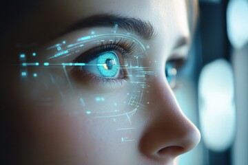 Close-up of a woman's face focused on a blue glowing digital eye interface, showcasing high-tech visual elements and futuristic augmented reality design