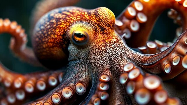 Close encounter with a vibrant octopus in the depths of a coral reef during a sunny afternoon