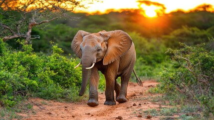 Fototapeta premium Dreamy twilight safari with african elephant nature reserve photography sunset low angle wildlife experience