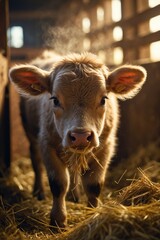 Young calf grazes on hay inside the barn. Adorable calf gazes at an object. Young cow is in the barn enjoying hay. Calf.