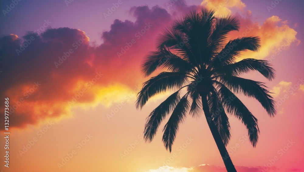 Poster sunset silhouette of a palm tree with a retro filter.