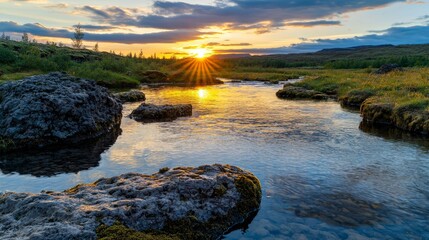 Sunset reflections over a calm river iceland landscape photography serene environment nature's beauty