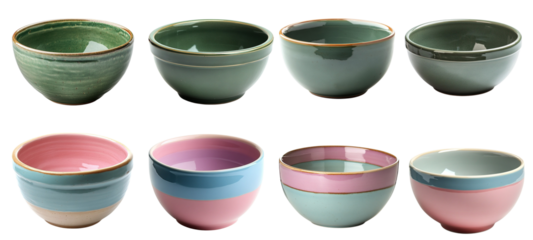 Set of decorative ceramic bowls in various colors and styles isolated on transparent background, Cutout PNG