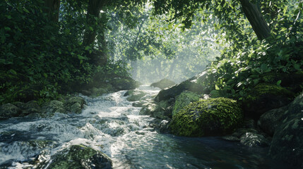 Flowing stream in lush forest nature scene tranquil environment serene viewpoint natural beauty