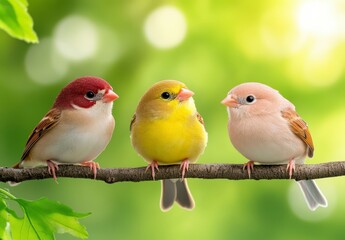 Fototapeta premium Three Colorful Small Birds on Branch in Green Nature Setting