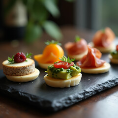 Canap&eacute;s lujosos y limpios servidos en platos de piedra negra.