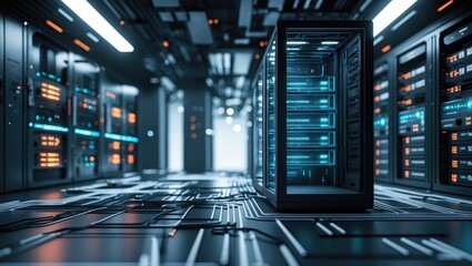 Technical expertise in abstract themes. Circuits from a futuristic viewpoint. An abstract server data center with internet connectivity is depicted in motion. HUD visuals of the future.