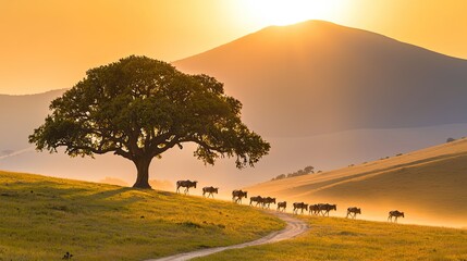 Obraz premium Majestic sunset over amboseli dusty trails with elephants nature landscape african wilderness