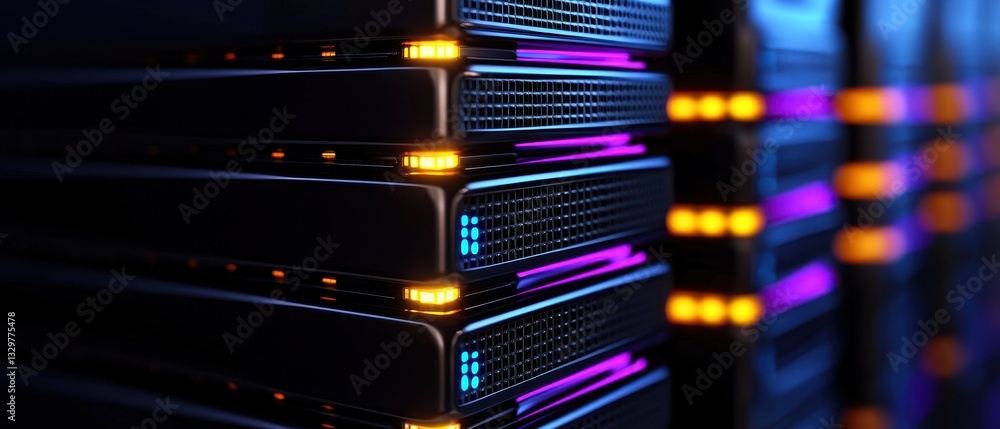 Poster close-up of illuminated futuristic servers in a dark data center with colorful lights.