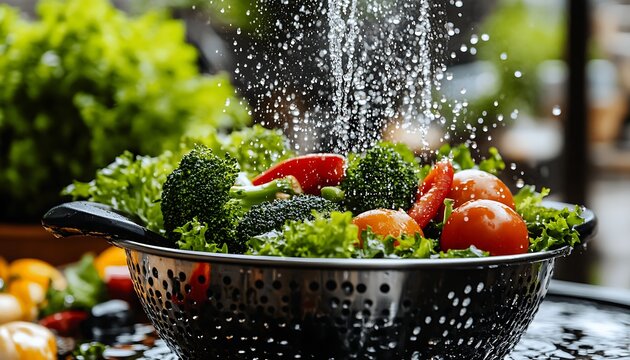Vegetables being washed in a colander outdoors, fresh
