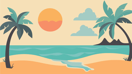 Minimalist flat design illustration of a tropical beach landscape with palm trees and sunset for vacation, travel, and relaxation concepts