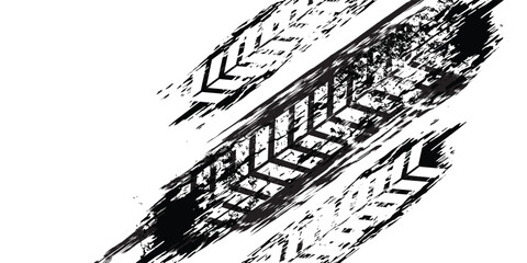 Obraz premium Grunge tire tracks, wheel braking marks. Silhouette of truck, car or motorcycle tread pattern. Design element of car racing, motorsport, speed racing. Vector illustration eps10