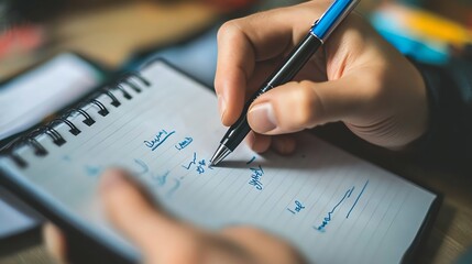 A person writing financial goals in a planner