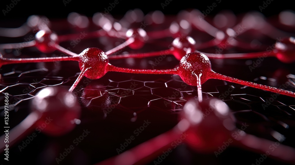Poster close-up of red neural network connections on black backdrop showcasing tech innovation.