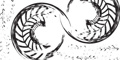 Grunge tire tracks, wheel braking marks. Silhouette of truck, car or motorcycle tread pattern. Design element of car racing, motorsport, speed racing. Vector illustration eps10