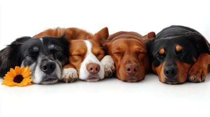 Four adorable dogs sleep peacefully side by side, showcasing their friendship and tranquility. A bright flower adds a touch of warmth to this cozy scene