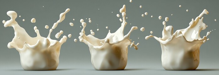 Three Dynamic Off White Liquid Splashes on Gray Background