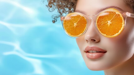 Woman with orange slices and sunglasses, refreshing summer citrus look. closeup