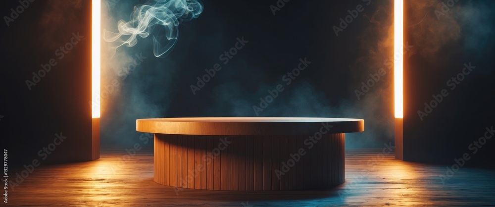 Poster empty wooden cylinder display podium set against a dark abstract wall with floating smoke. the platf