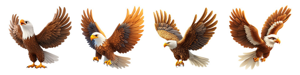 Set of four stylized eagles with different feather patterns and poses isolated on transparent background, Cutout PNG