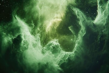 Obraz premium A mesmerizing cosmic nebula, swirling with shades of green and speckled with distant stars.