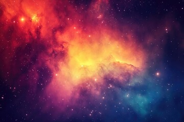 A vibrant nebula glows with fiery oranges, yellows, and purples, speckled with distant stars.