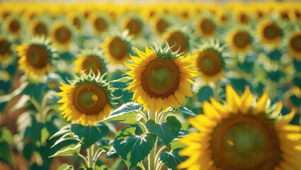 Fototapeta premium Sunflower against a blurred sunny nature backdrop. Horizontal agricultural summer banner featuring a sunflower field. Organic food production. Harvest of farm products. Oilseed crop.