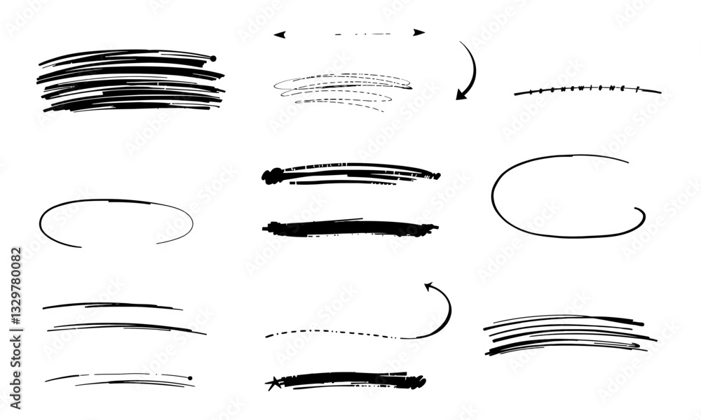 Poster hand drawn brush stroke vector elements in various styles and shapes, perfect for creative projects 