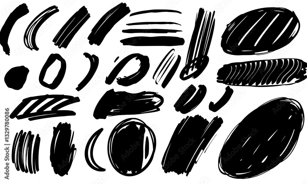 Poster hand drawn brush strokes in various shapes and sizes, perfect for design projects and artistic expre