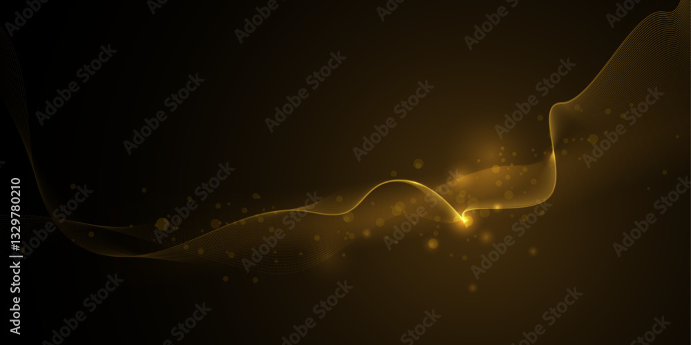Fototapete Illustration vector abstract wave, flow line, motion pattern and particle dot on gold color background. Modern futuristic, big data design for background. Digital datum, high tech, technology concept